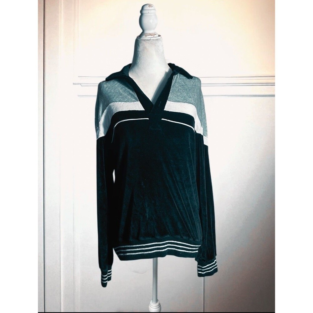 VTG 70s Shirt Angeles A+D Velour Top Johnny Collar Black Colorblock Unisex S 41”